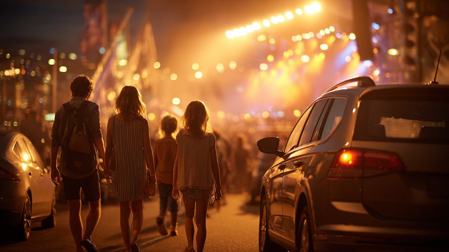 A crowded parking lot near a stadium at night